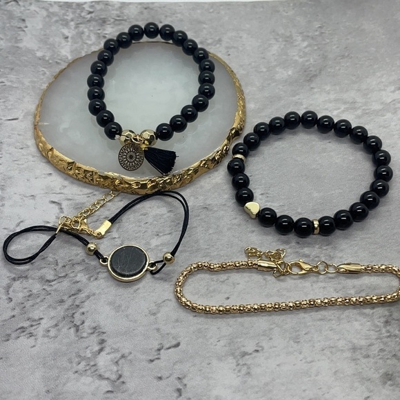 Boho Chic Black Marble Beaded Layering Bracelet Set - Picture 8 of 13